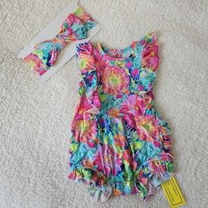 NWT SAS BAMBOO Colorful Floral Baby Ruffle Bottom Romper with Headband